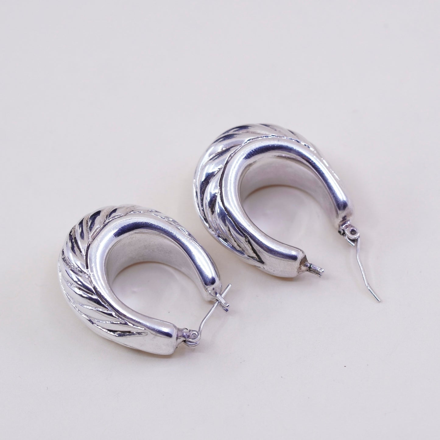 1.25” Sterling silver earrings, lightweight 925 Ribbed origami Huggie hoops