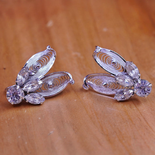 Sterling silver handmade screw back earrings, 925 floral filigree rhinestones
