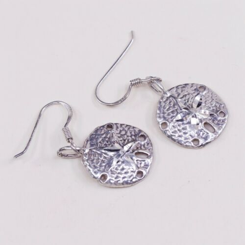 Vtg Sterling Silver Handmade Earrings, Silver Sand Dollar Dangles, Stamped 925