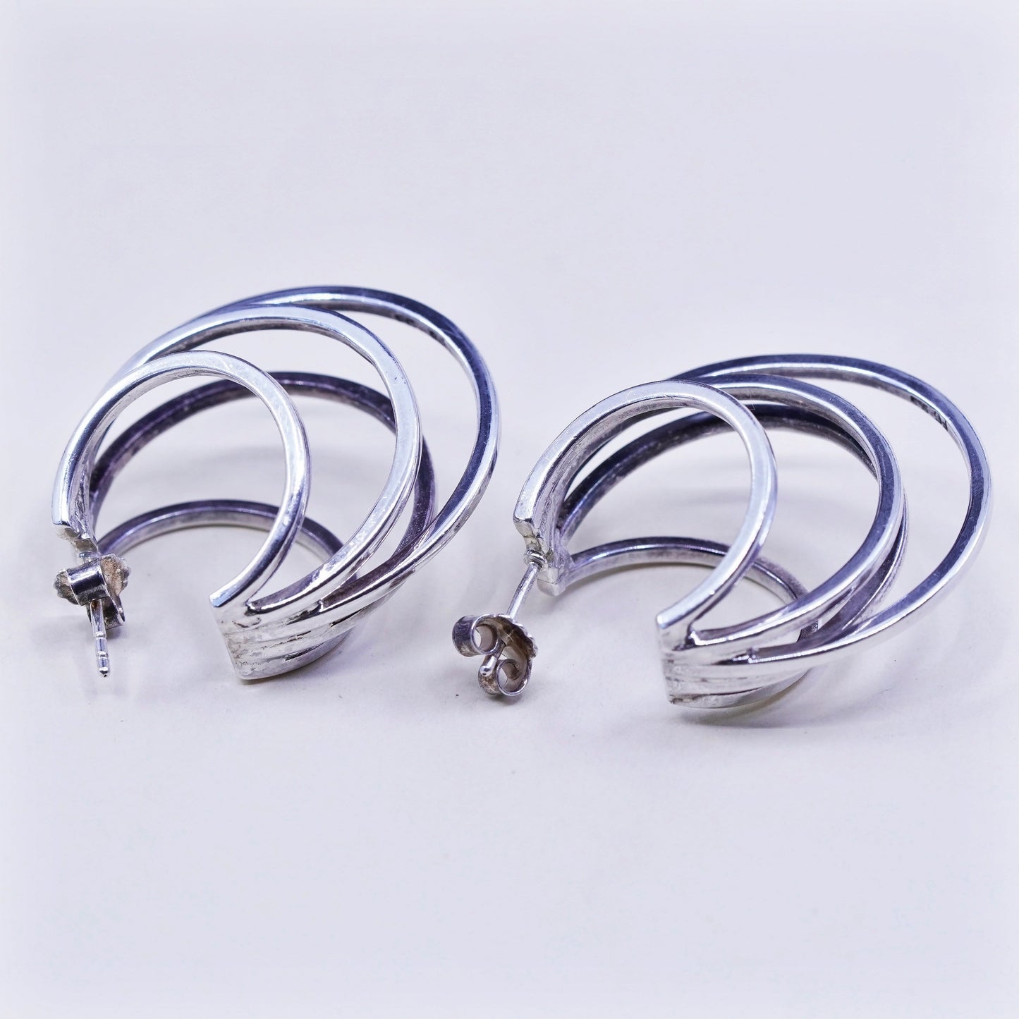 1.25”, Vintage Sterling silver handmade earrings, moon shaped 925 Huggie hoops