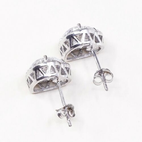 Vtg Sterling Silver Handmade Earrings, 925 Silver Heart Studs W/ Cz Inlay