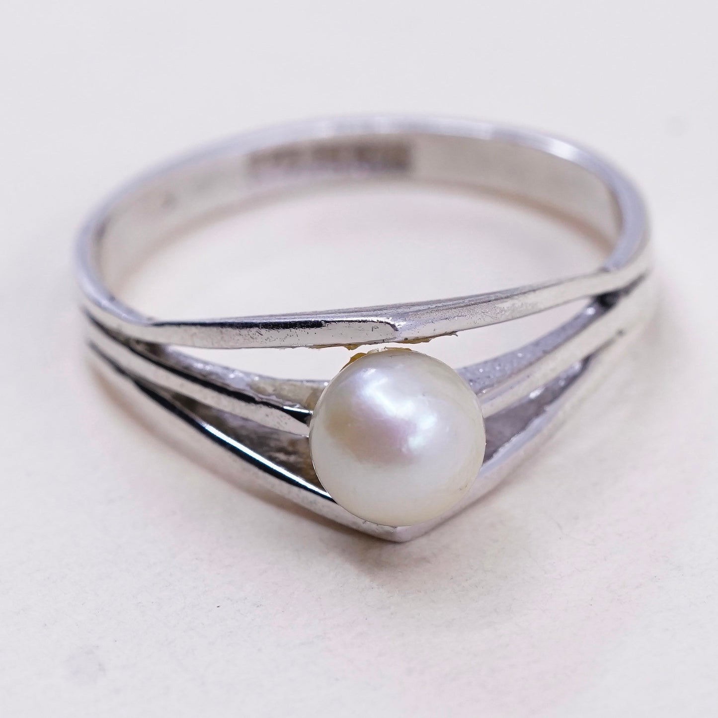 Size 8.25, vintage Sterling silver handmade ring, modern 925 band with pearl