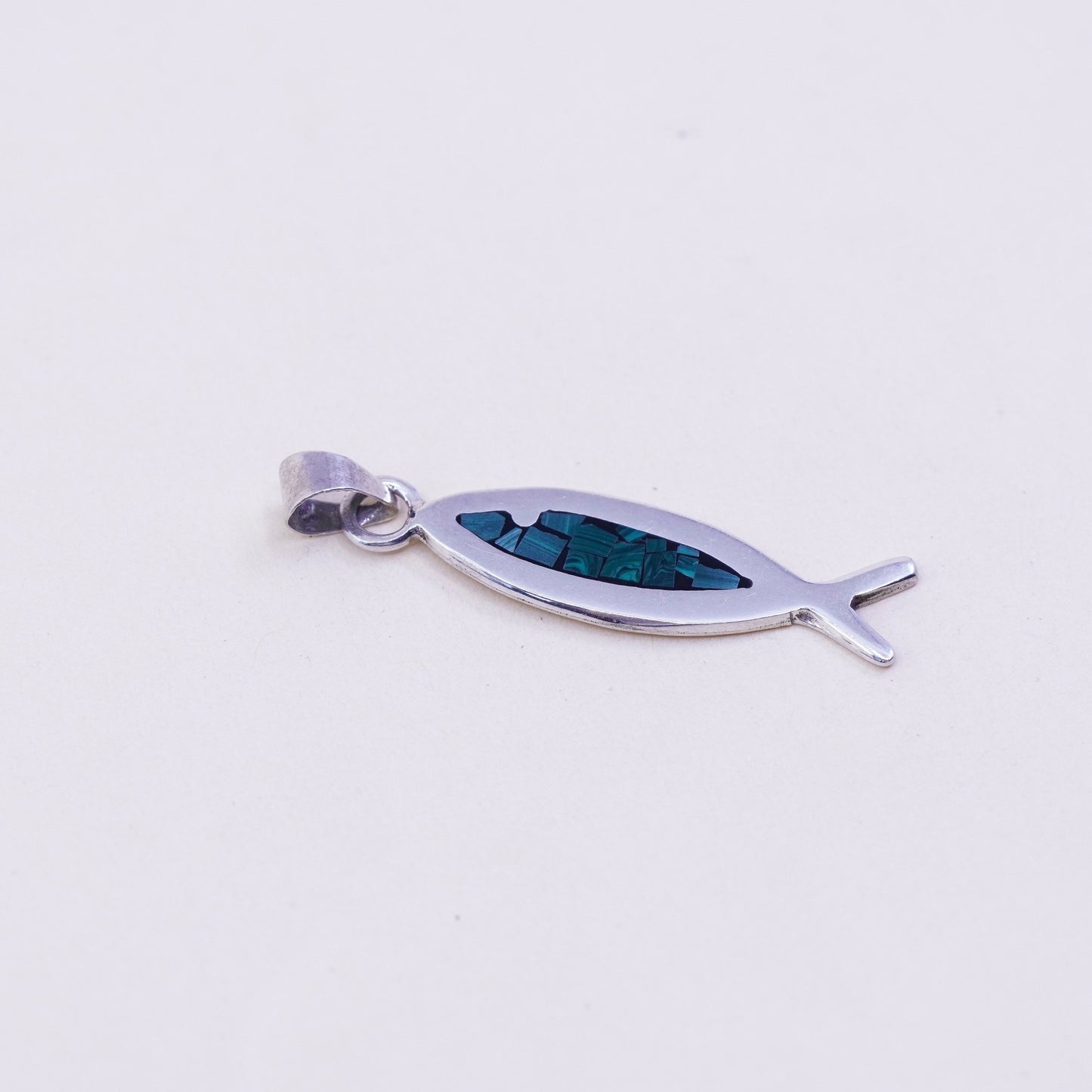 Vintage Mexico sterling silver handmade slide pendant, 925 fish with malachite