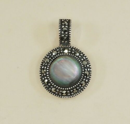 Vtg Sterling Silver abalone Pendant w/ marcasite, Thailand 925 silver