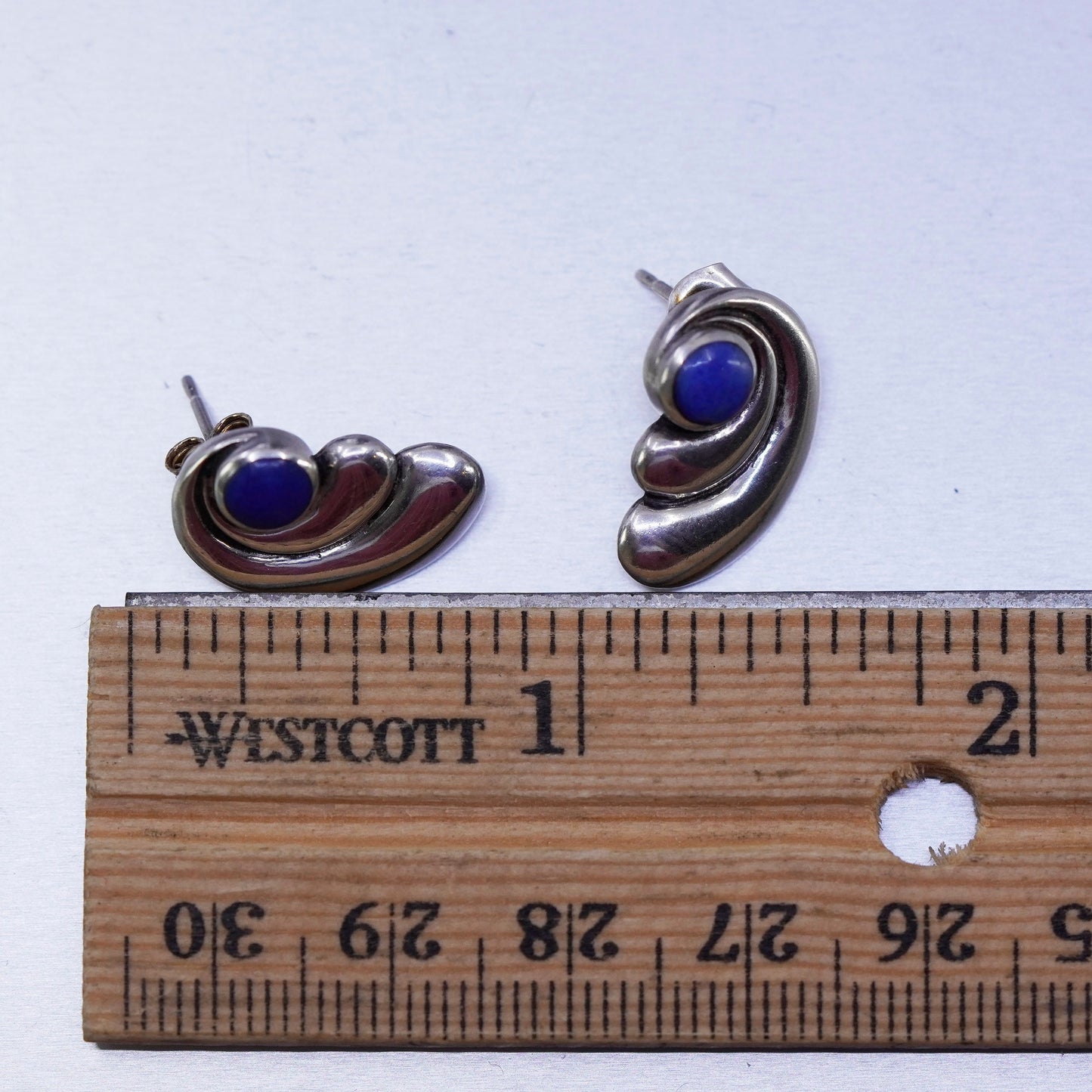 Vintage Sterling 925 silver handmade earrings, wings studs with denim lapis