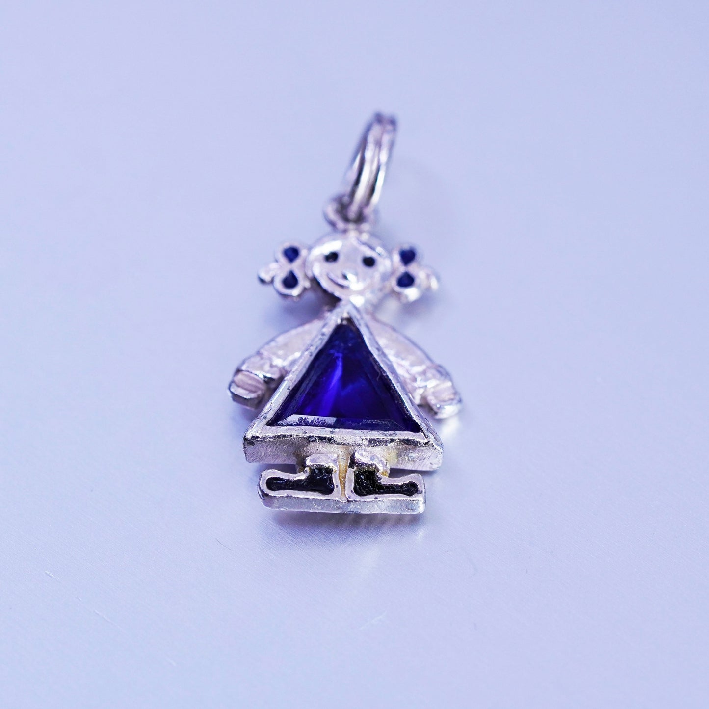 Antique Sterling silver handmade charm, 925 birthstone blue crystal dress