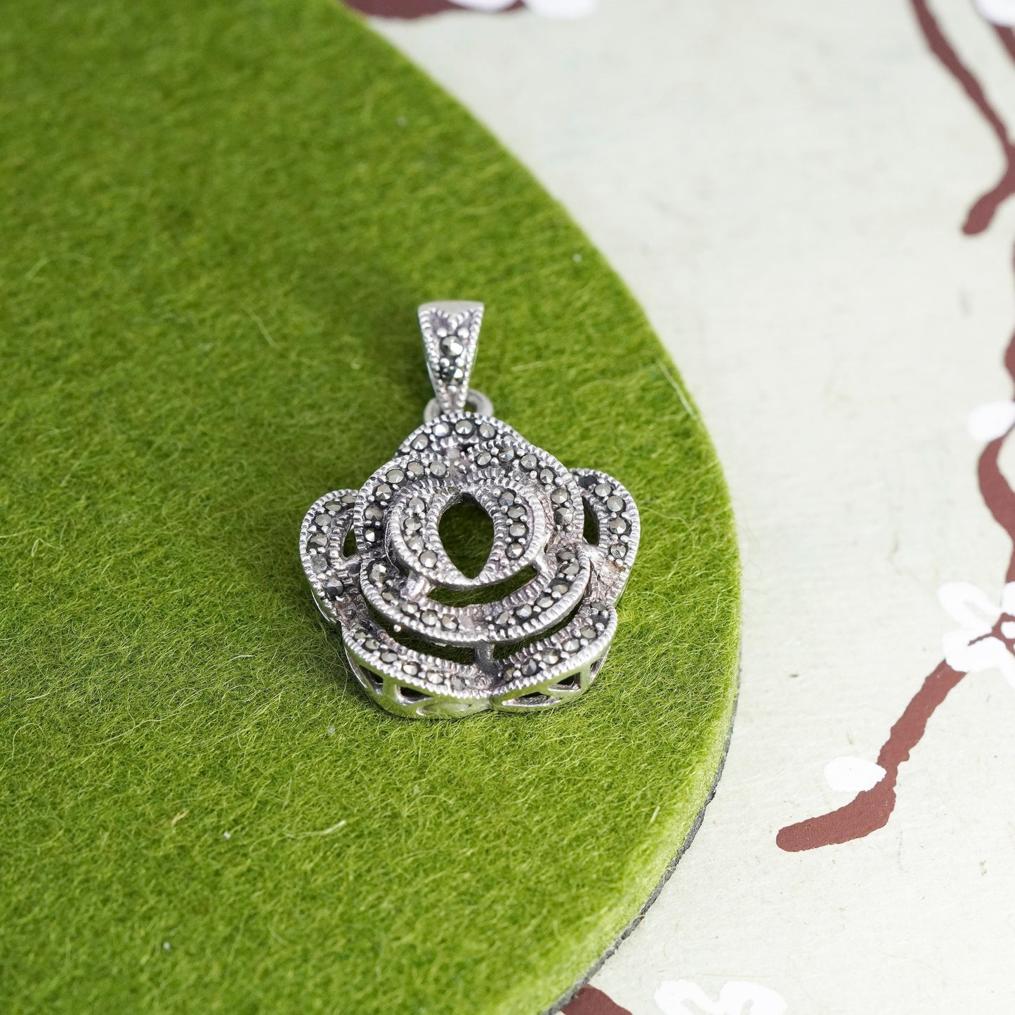 vintage sterling silver handmade pendant, 925 rose flower with marcasite