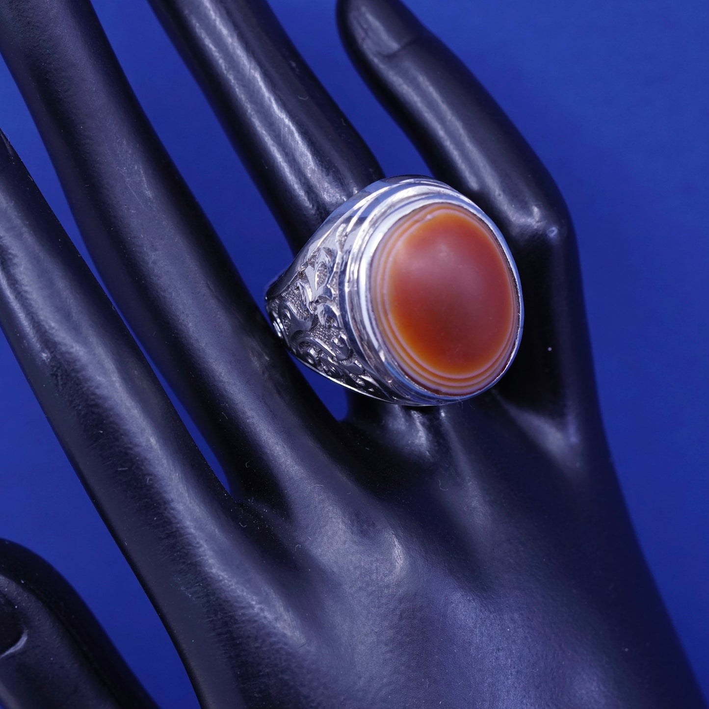 Size 14.25, Sterling 925 silver handmade statement ring with agate and floral