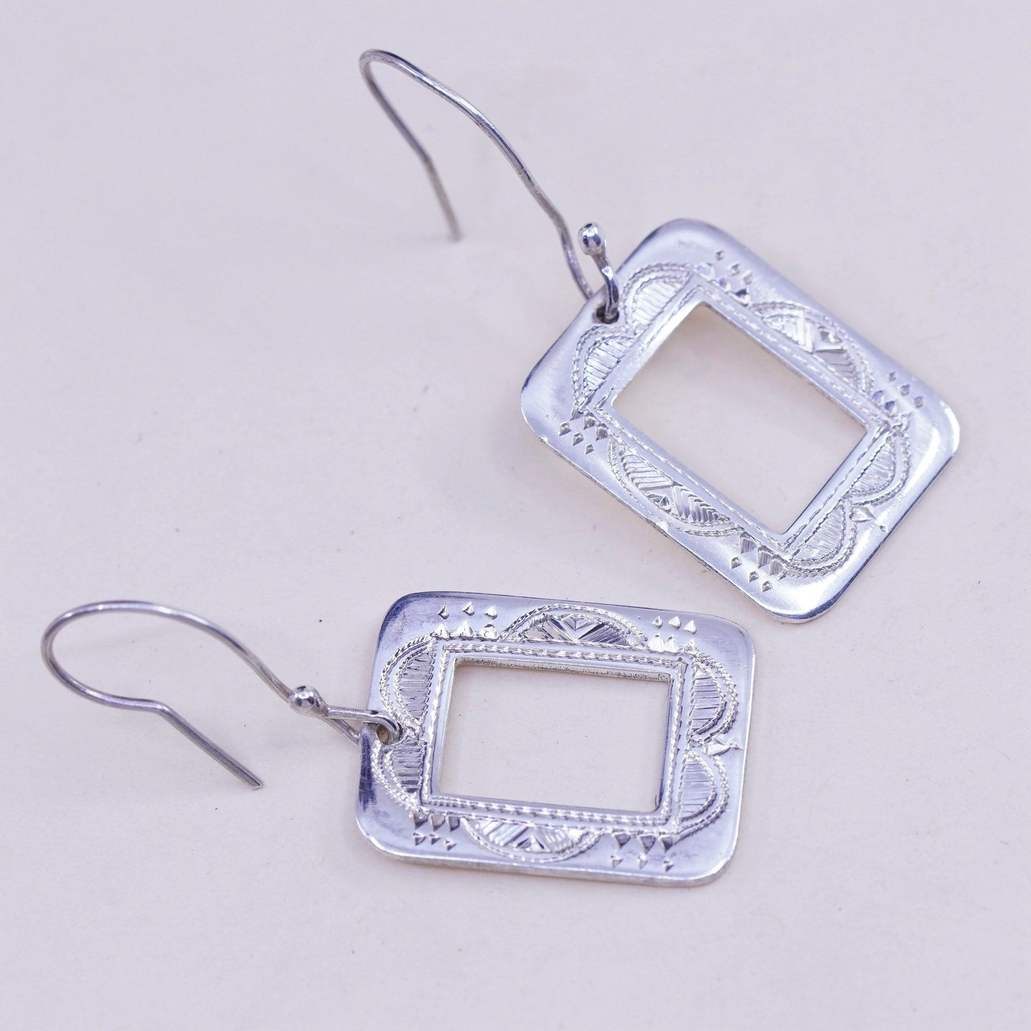 Vintage sterling silver handmade earrings, 925 textured square dangles