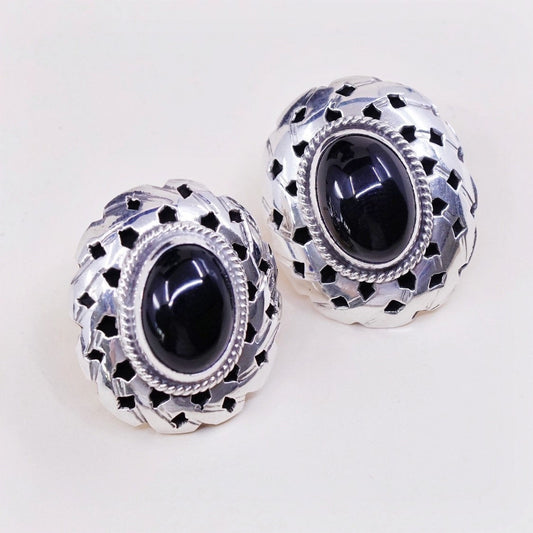 VTG Sterling silver handmade earrings, southwestern 925 studs w/ oval obsidian