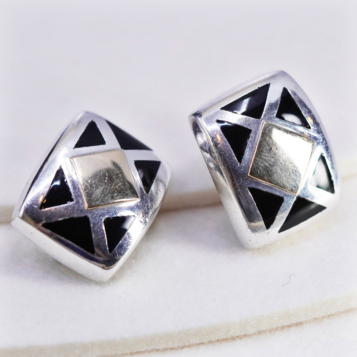 Zina two tone Sterling silver 925 handmade clip on earrings with black enamel