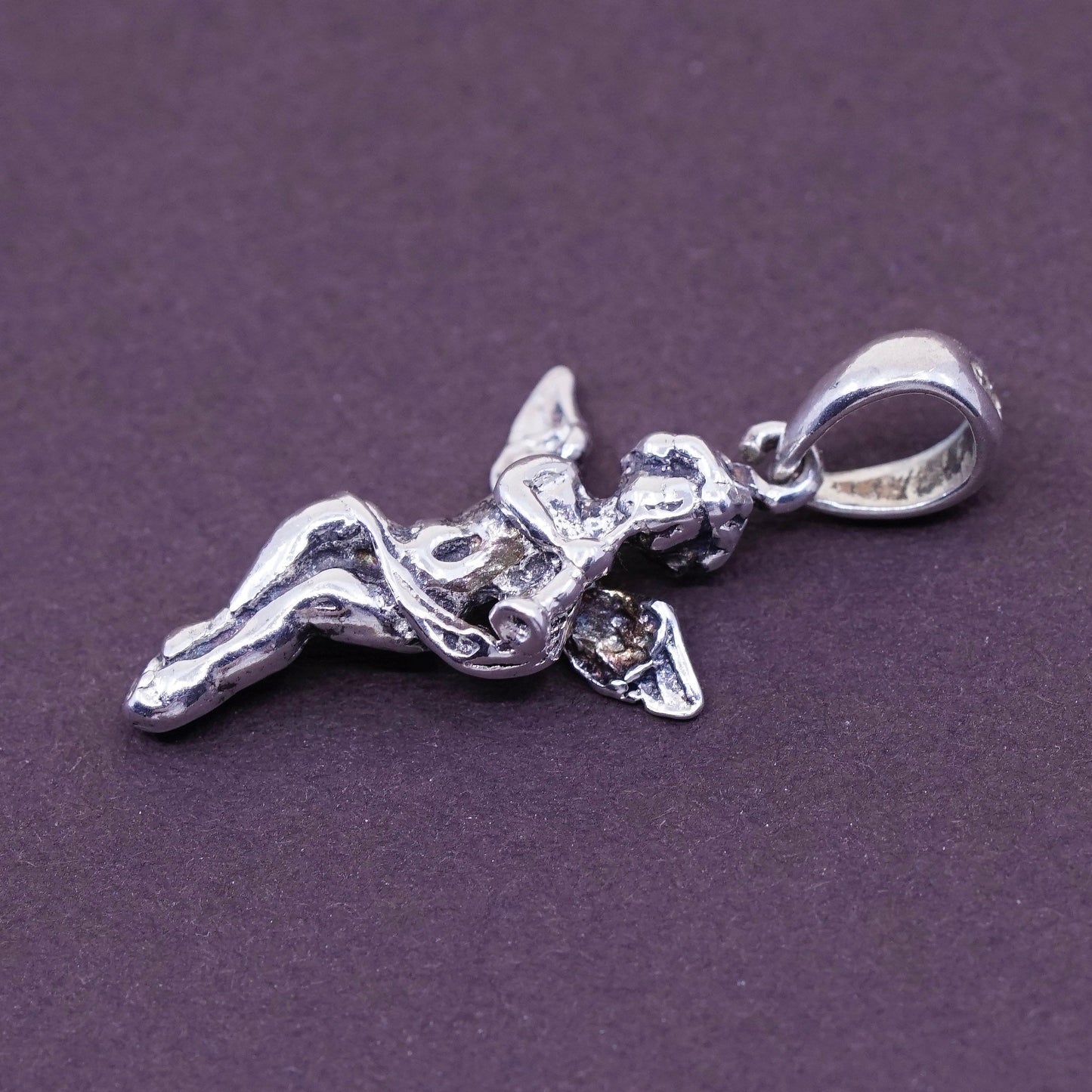 Vintage Sterling silver handmade pendant, Italy 925 angel with trumpet charm
