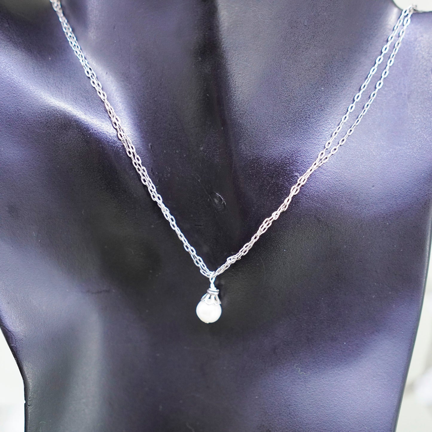 16”, sterling 925 silver handmade necklace, double flatten circle chain pearl