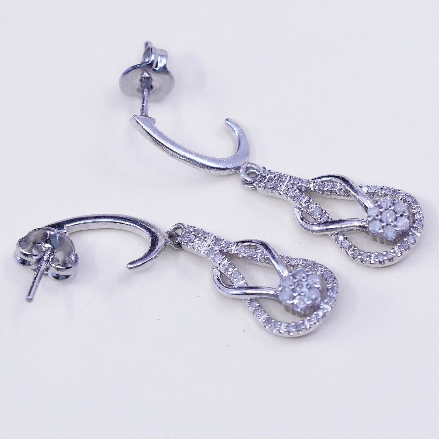 Vintage sterling 925 silver entwined teardrop earrings with genuine diamond