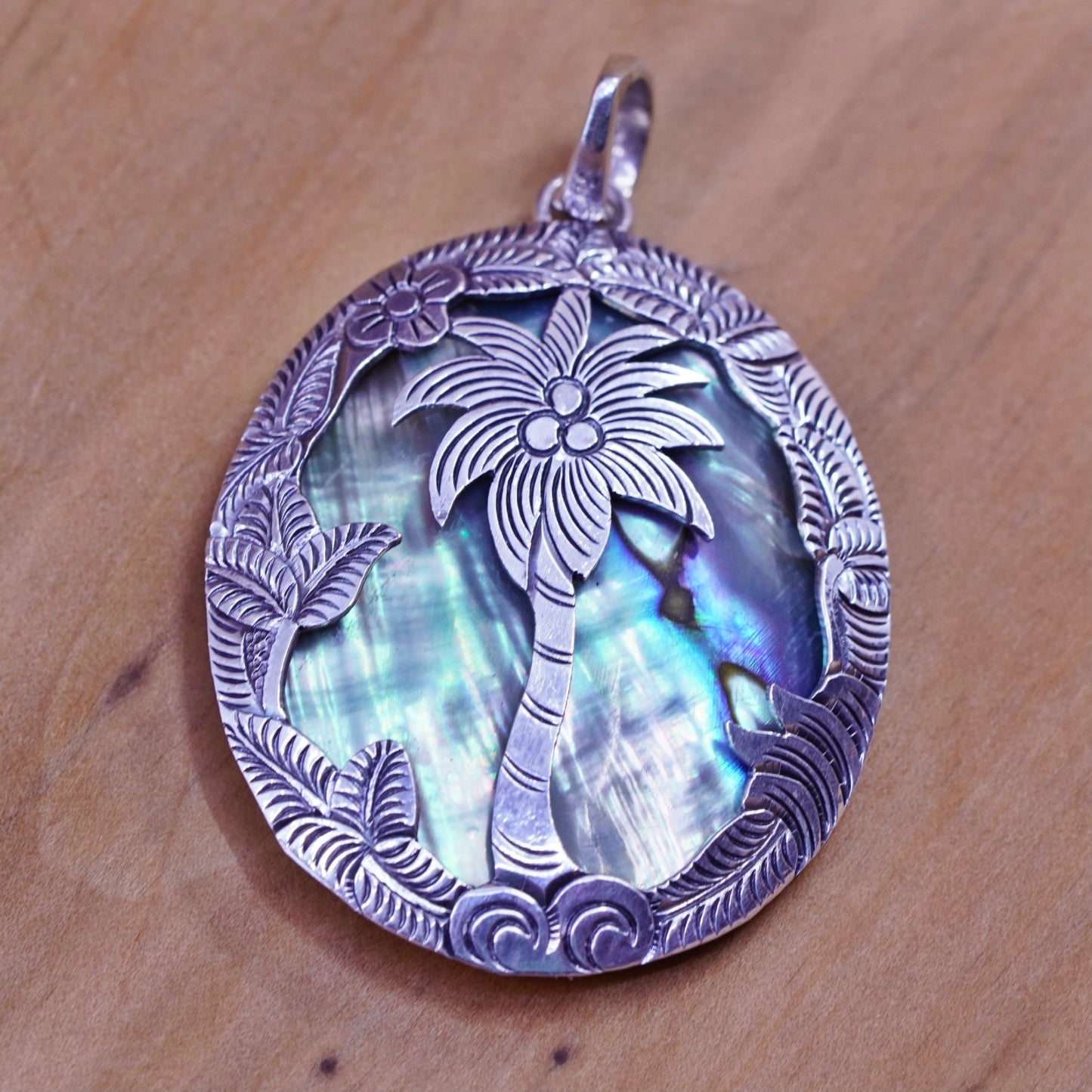 Vintage Sterling 925 silver handmade pendant with oval abalone and Palm tree