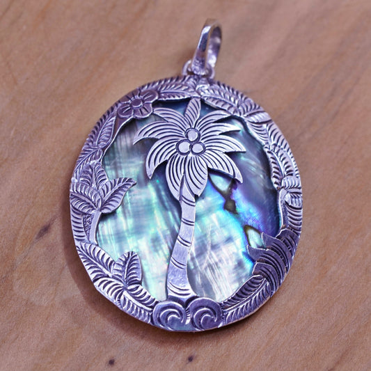 Vintage Sterling 925 silver handmade pendant with oval abalone and Palm tree