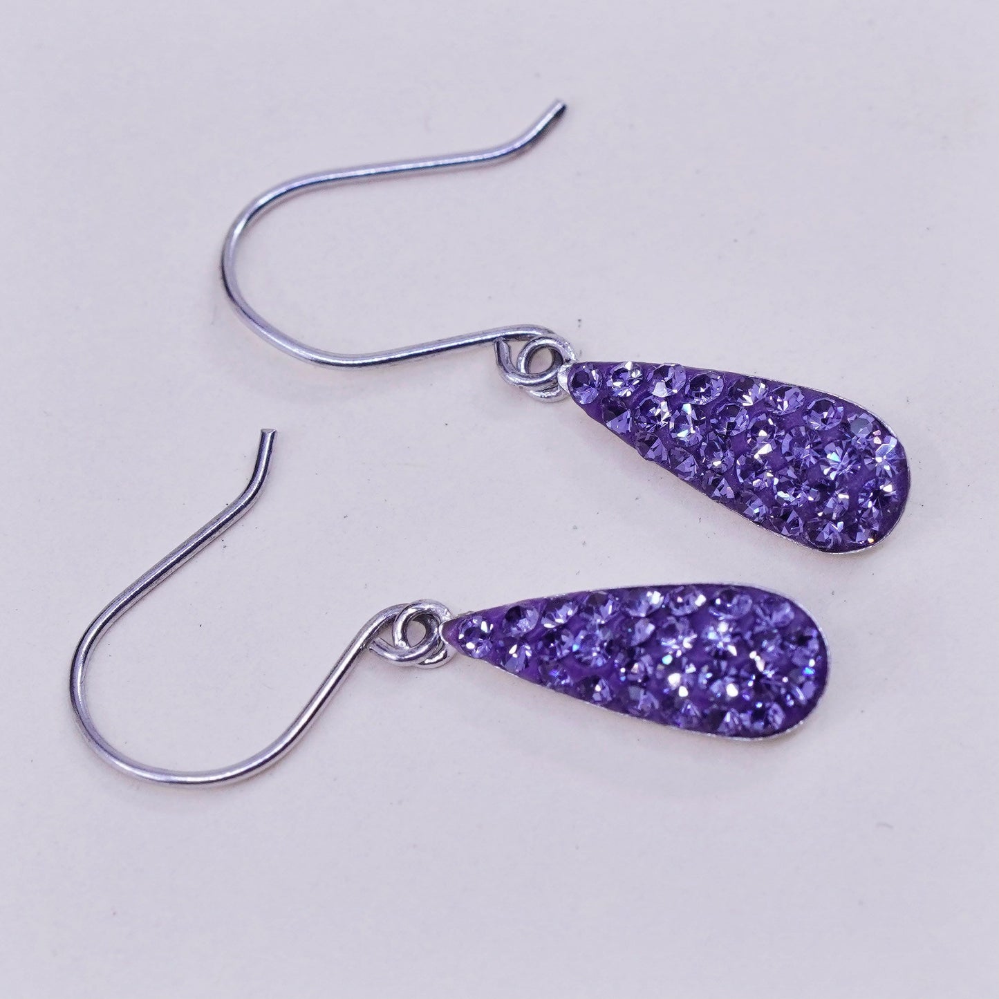 Vintage Sterling 925 silver handmade teardrop earrings with purple cluster cz
