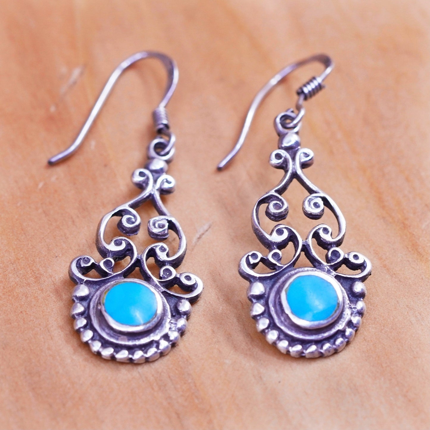 Vintage Sterling 925 silver handmade filigree teardrop earrings with turquoise