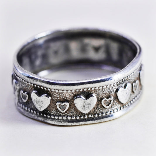 Size 8.25, vintage Sterling 925 silver handmade relief heart ring band