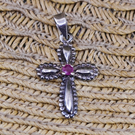 Vintage Sterling silver handmade pendant, 925 cross with ruby beads, Christian