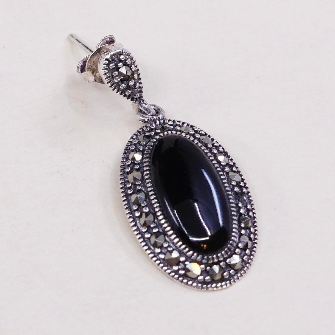 vtg Sterling silver handmade earrings, 925 drops w/ obsidian n marcasite