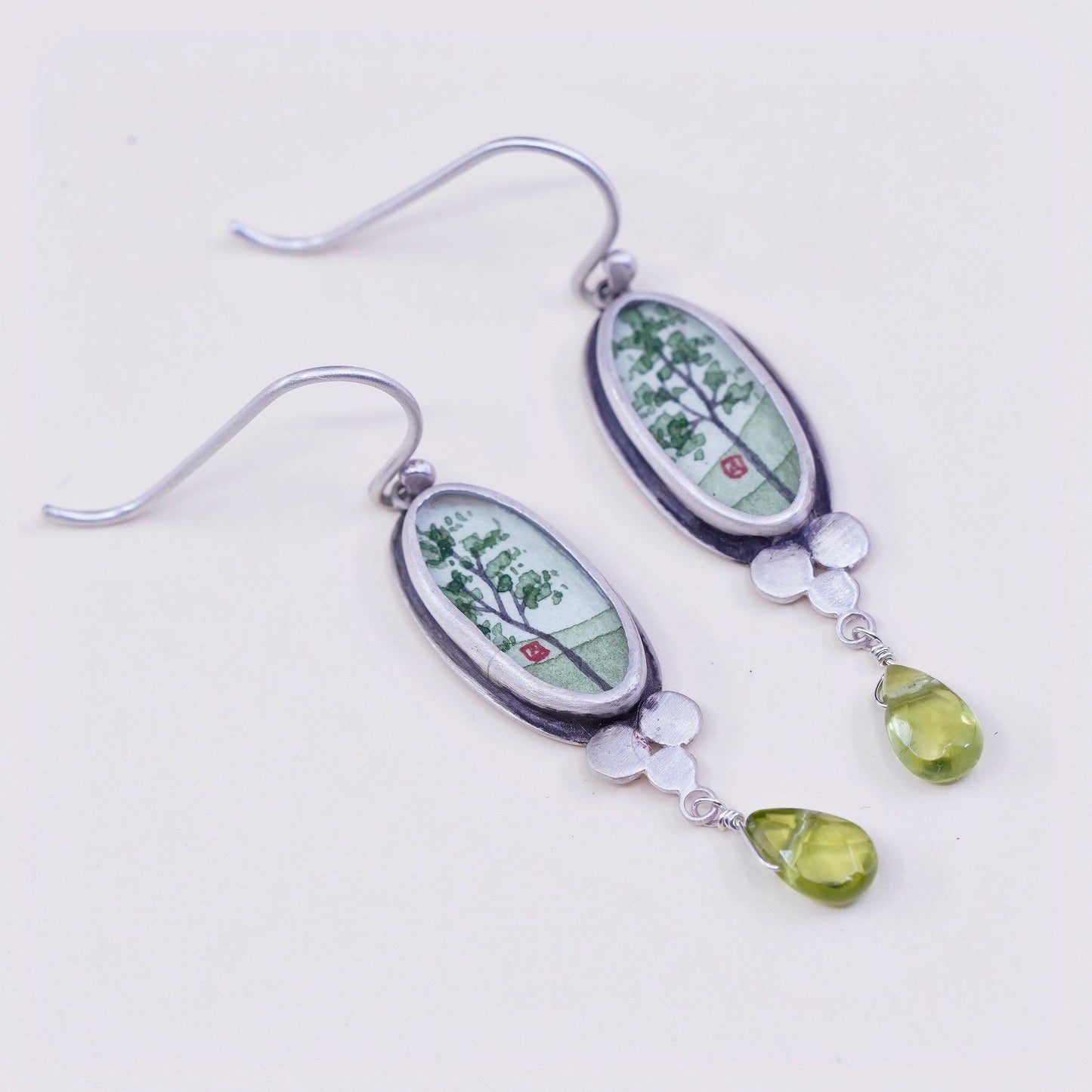 Designer Ananda KHALSA Sterling 925 silver handmade earrings, watercolor green spring maple and peridot drop, stamped 925 A