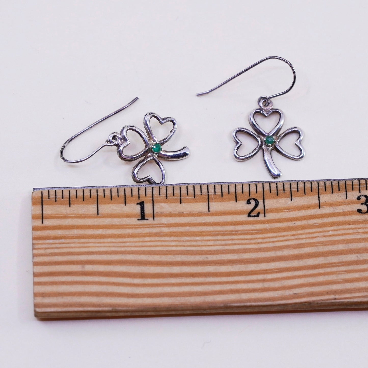 Vintage sterling silver handmade earrings, 925 clover dangle with green jade