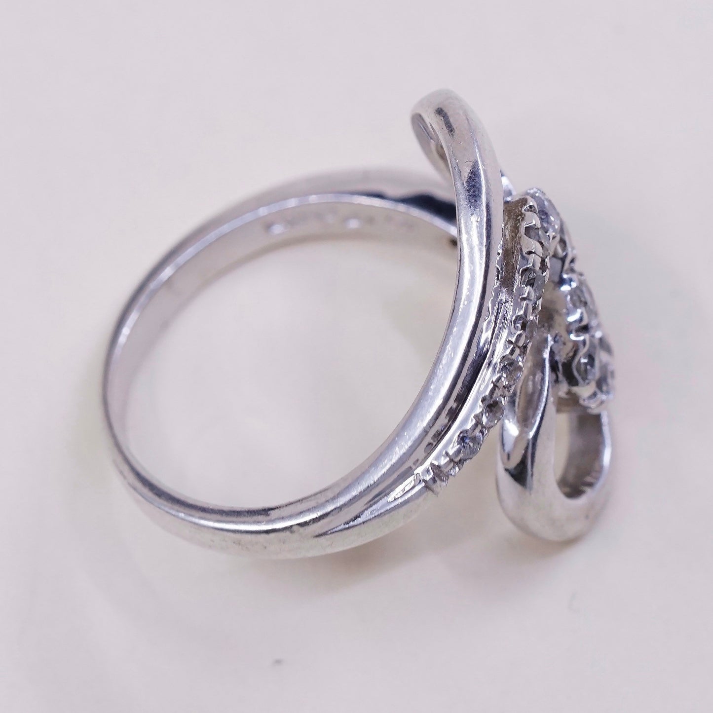 Size 9.5, VTG sterling silver handmade wavy ring, engagement ring w/ cz