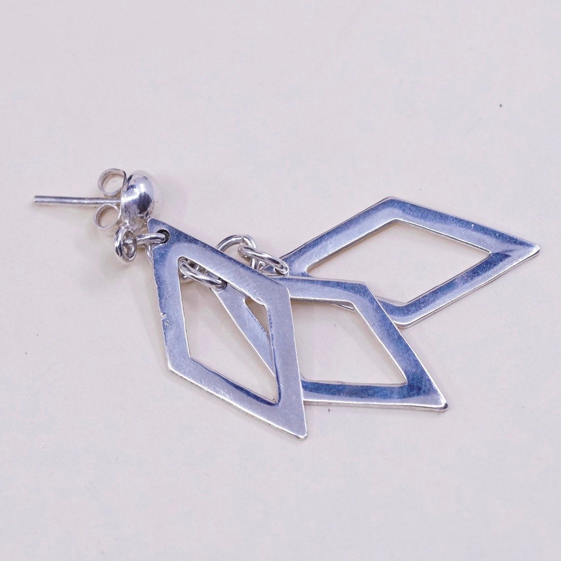 vtg Sterling silver handmade earrings, 925 modern marquise shaped dangles