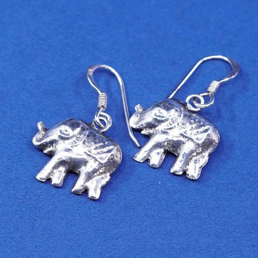 vtg Sterling Silver handmade Earrings. Puffy 925 silver elephant dangles