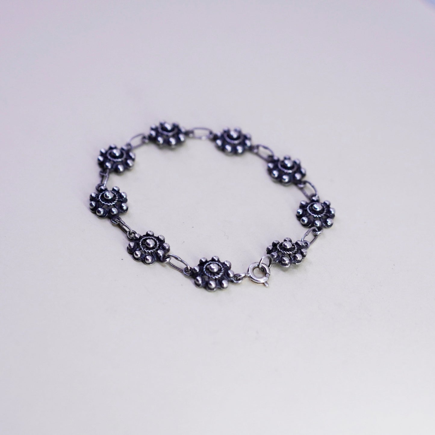 6.75”, sterling silver handmade bracelet, 925 flower beads, handmade jewelry