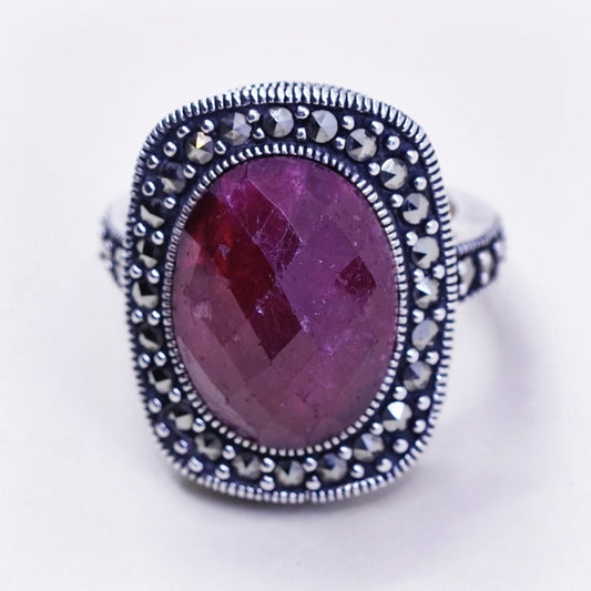 Size 6, Vintage sterling 925 silver handmade ring w/ Indian ruby and Marcasite