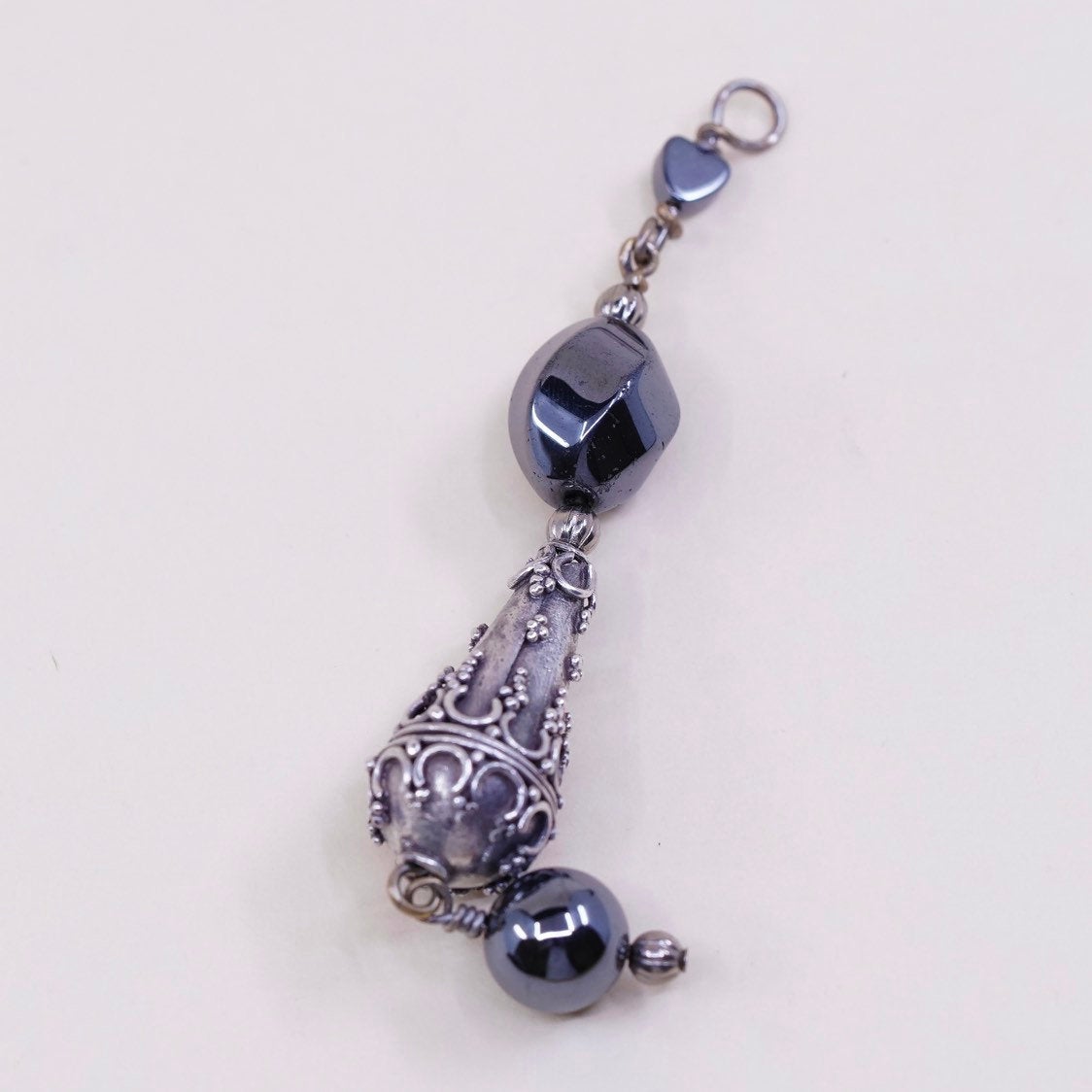 VTG Bali sterling silver handmade pendant, 925 teardrop charm w/ hematite