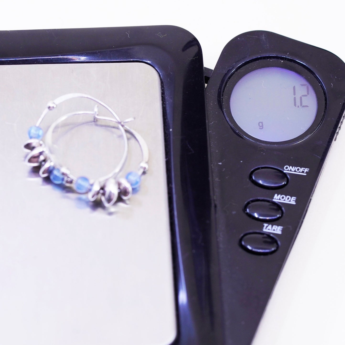0.75”, sterling 925 silver loop earrings, primitive hoops blue cats eye beads