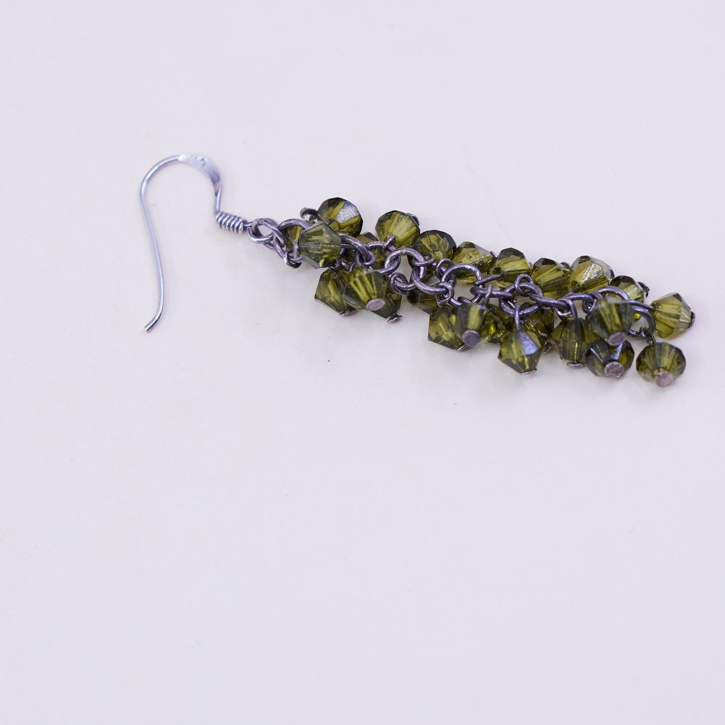 Vintage sterling 925 silver handmade earrings with cluster olive green crystal, stamped 925