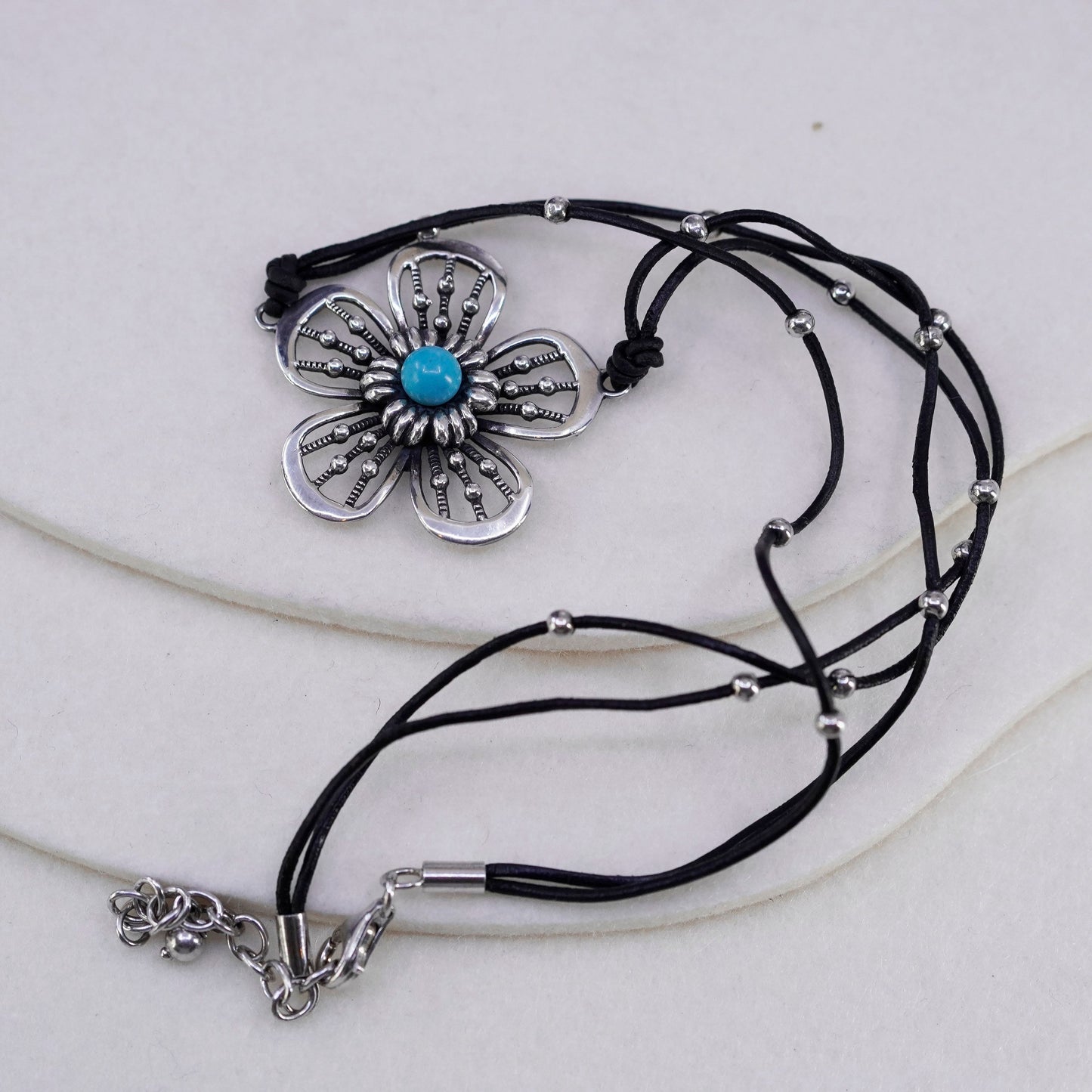 16+2”, 925 Sterling Silver Handmade black Leather Necklace flower pendant