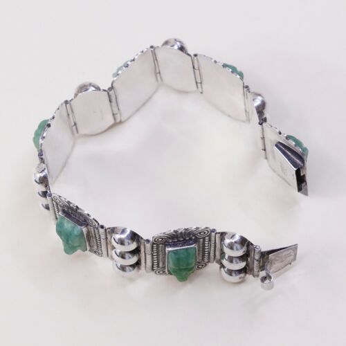 6.5” Vtg Plath Sterling Handmade Bracelet, Taxco 925 Silver W/ Jade Warrior Face