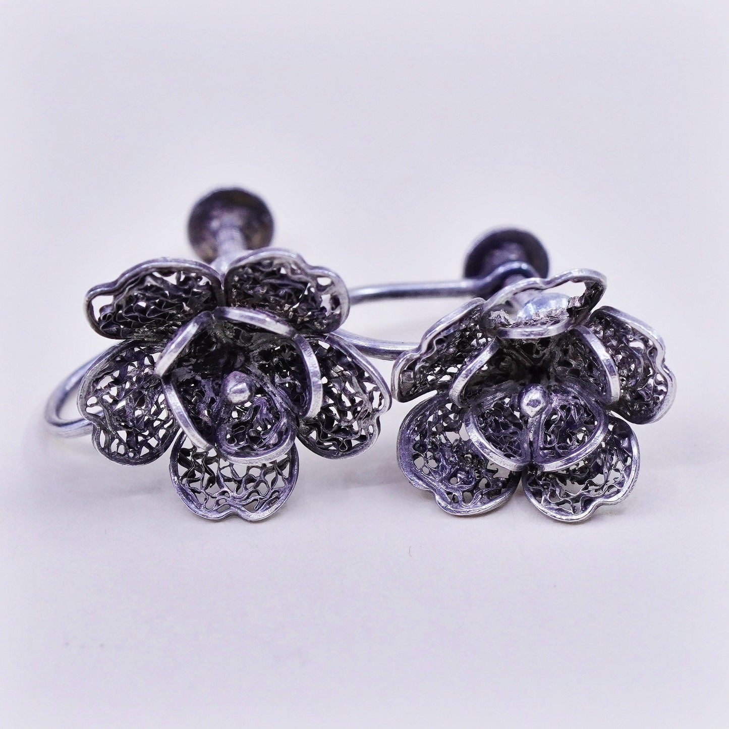 1950s Vintage sterling silver earrings, 925 filigree flower screw back earrings