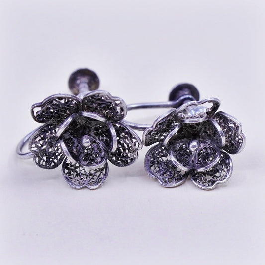 1950s Vintage sterling silver earrings, 925 filigree flower screw back earrings
