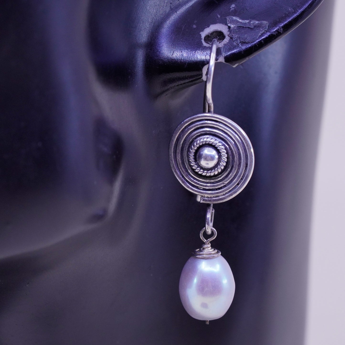 Vintage Sterling silver handmade earrings, 925 swirly dangles with pearl