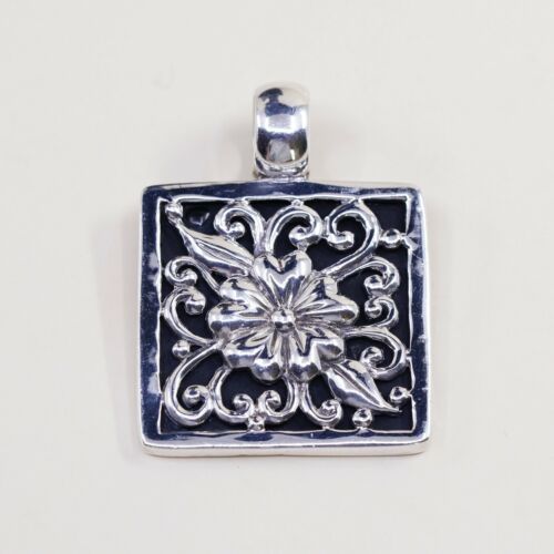 Vtg Sterling 925 Silver Handmade Square Pendant W/ Obsidian N Filigree Flower