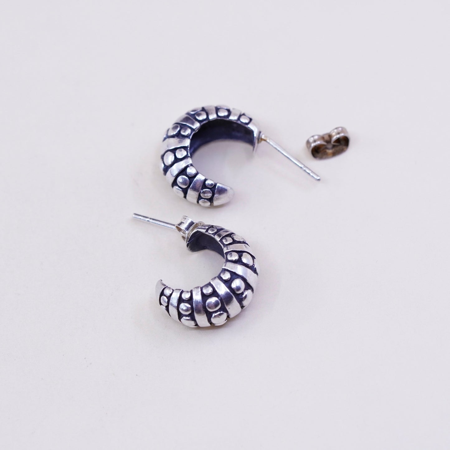 0.5”, Vintage sterling silver wide hoops, 925 huggie earrings with beads