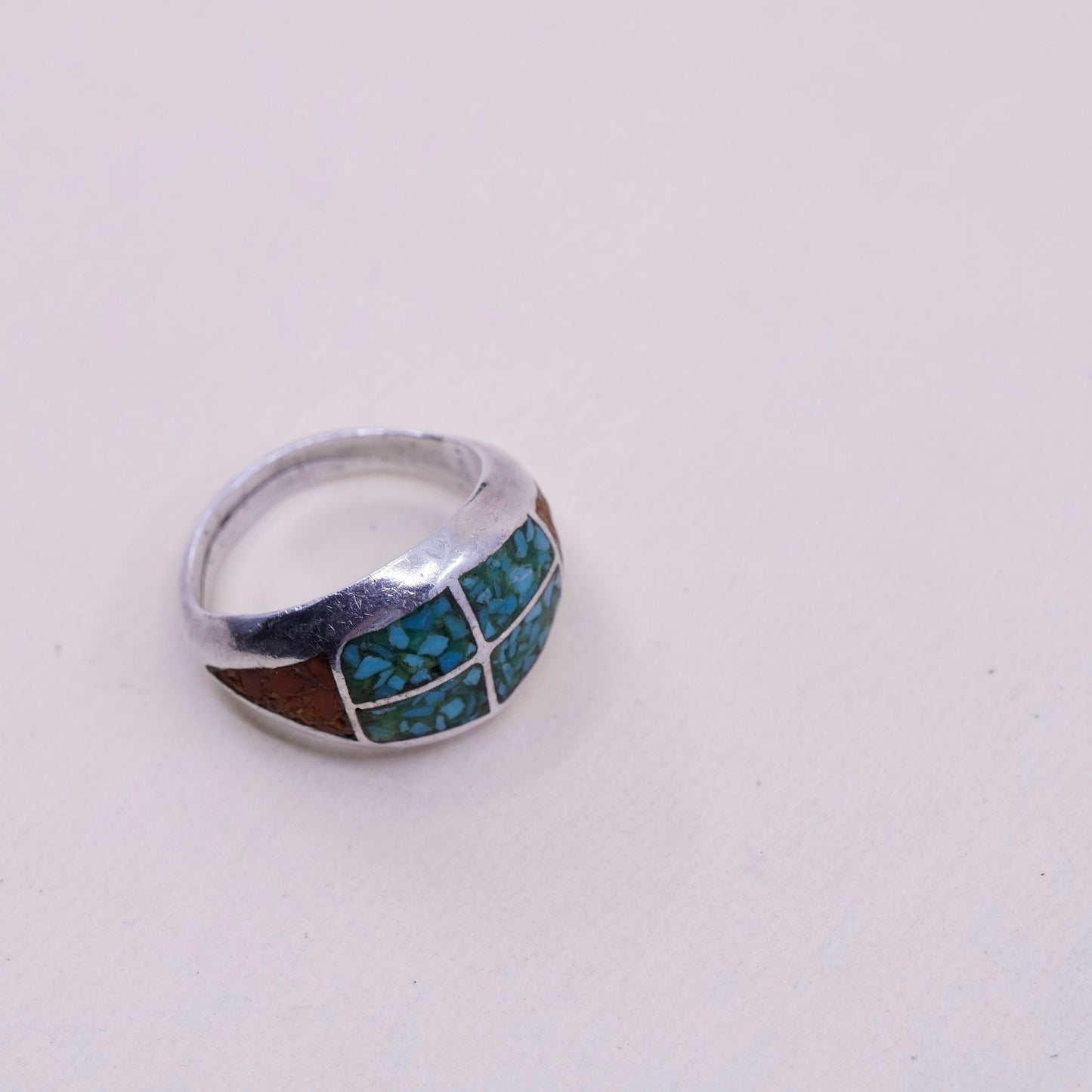 sz 9, natives American Sterling 925 silver handmade ring w/ turquoise N coral