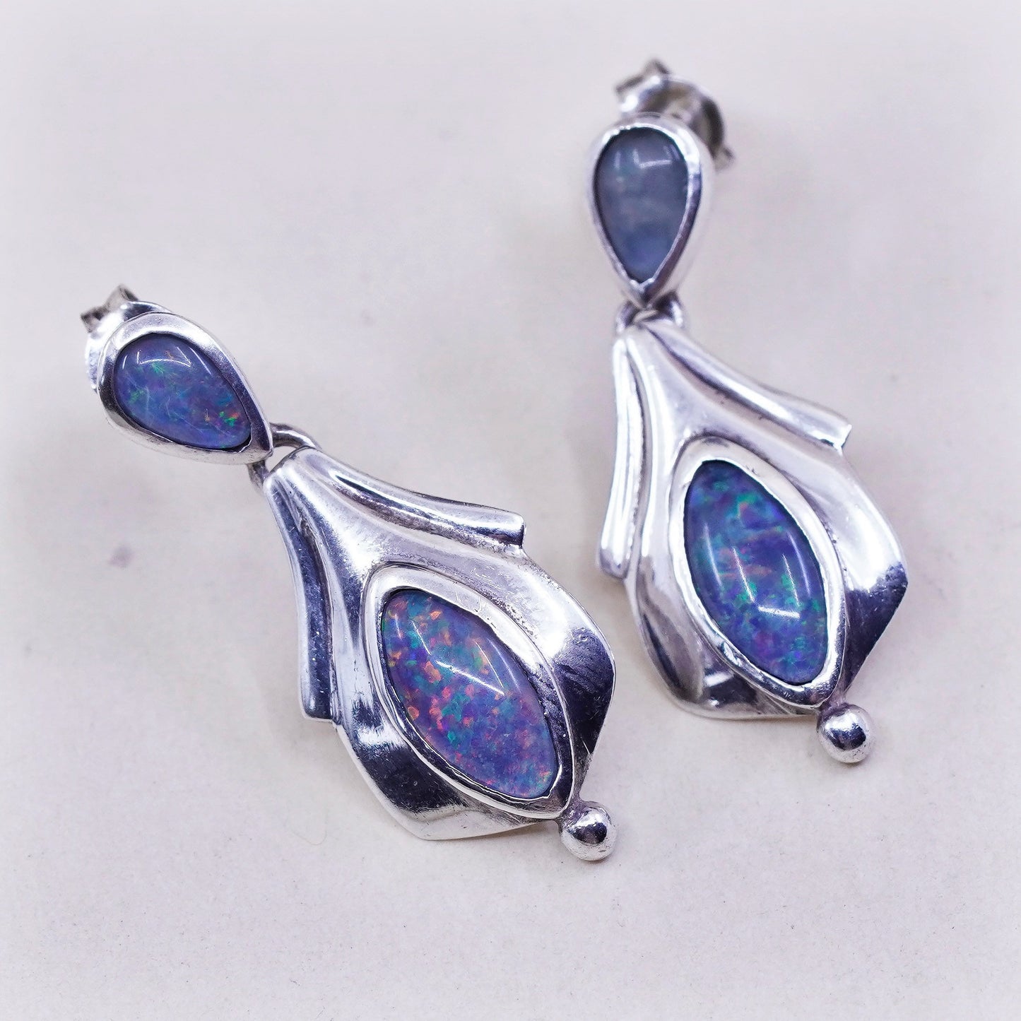 Vintage Sterling silver handmade earrings, 925 studs with opal dangles
