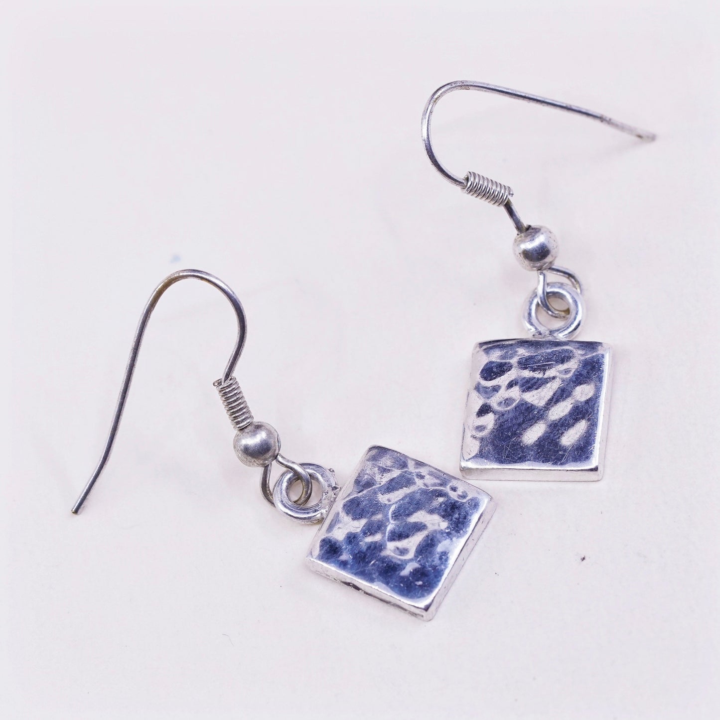 Vintage Sterling silver handmade earrings, hammered 925 square dangle