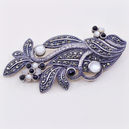Sterling 925 silver handmade brooch with obsidian mother of pearl and marcasite