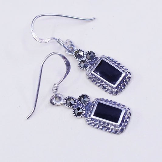 Vintage Sterling 925 silver handmade earrings with square obsidian N Marcasite