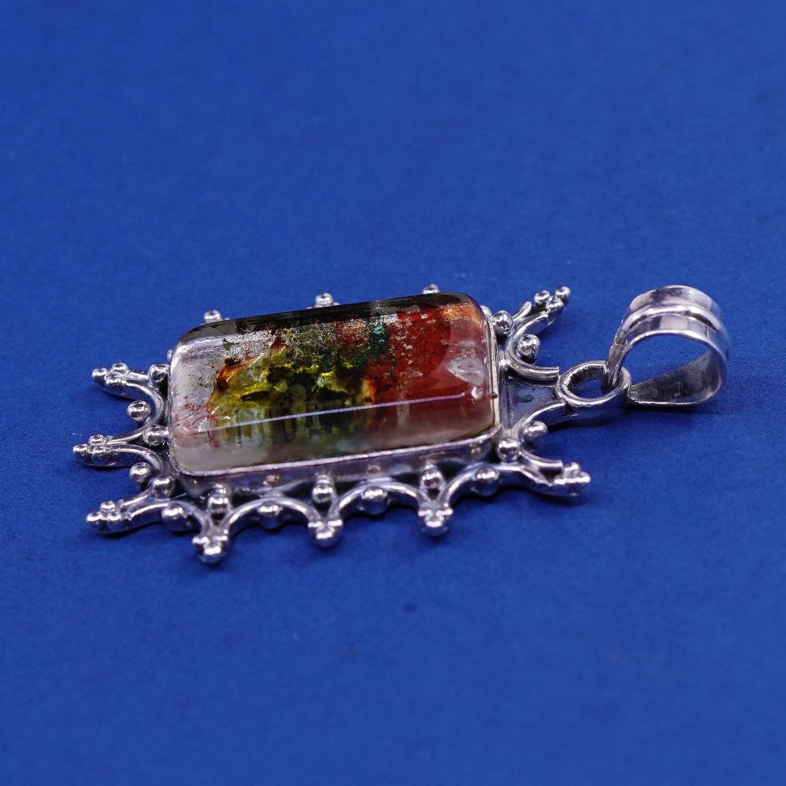 vtg sterling silver handmade pendant, 925 w/ colorful dichroic glass