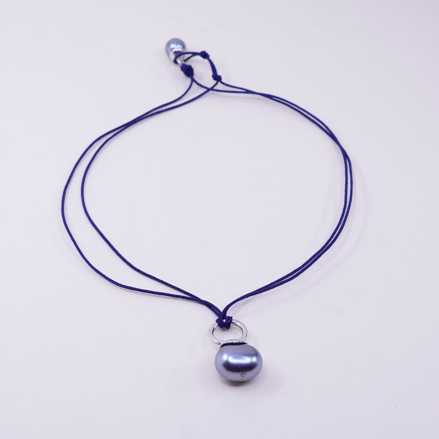 18”, blue Linen necklace W/ black pearl pendant and Sterling 925 Silver Clasp