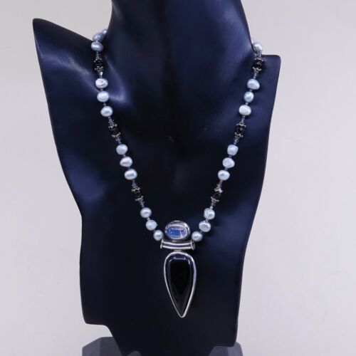 16” Handmade Sterling 925 Silver pearl Necklace W/ Obsidian Moonstone Pendant